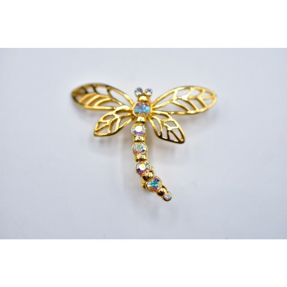 Butler Vintage Pin Brooch Gold Aurora Borealis Rhinestone Dragonfly Signed Bin7